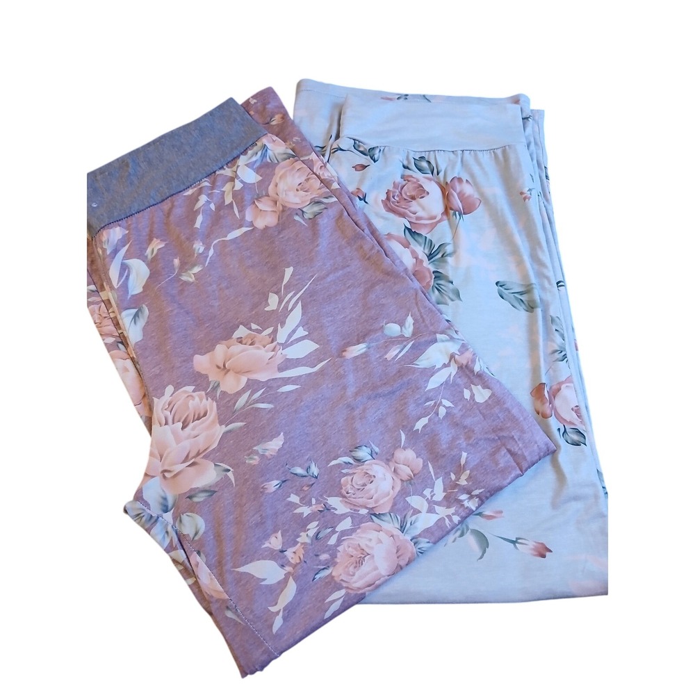 Floral Pajama Pants Bundle 2 Pairs Rose Print Wide Leg Lounge Pink Green 3XL